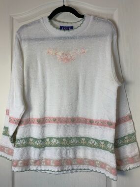 Vintage 80s 90s HER Knit Sweater Cream Floral Cottagecore Cozy M/L